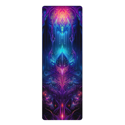 Midnight Spell yoga mat laid flat on a white background, showing the full purple and blue psychedelic print.