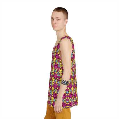 Folded view of the Purple Yellow Blue Smiley men's tank top print pattern.