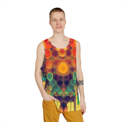 Close-up of the Honeycombed artwork detail on a men's tank top.