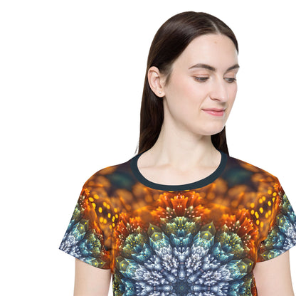 Folded view of the women's sport tee printed with the Fractal Flower Mandala V2 design.