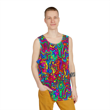 Angled view of the Cartoon Oil men's tank top showing the painted pattern wrap.
