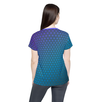 Close-up of the Blue Flower of Life Pattern print on the women's sport tee fabric