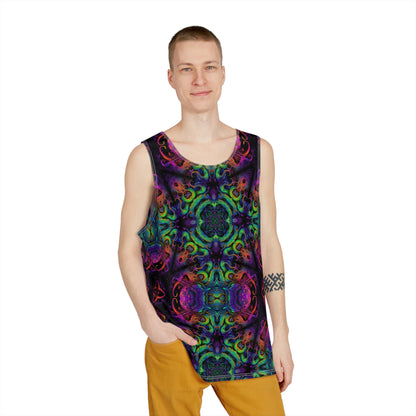 Angled view of the Cthulhu Kaleider men's tank top showing the kaleidoscope pattern wrap.