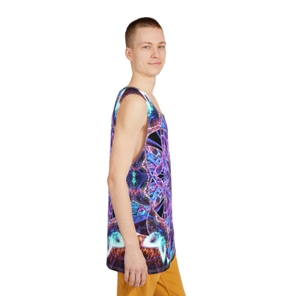 Side view of the Flower of Life Mandala men's tank top showing the regular fit and armhole seam.