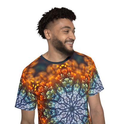 Sleeve close-up of the Fractal Flower Mandala V2 men's sport tee.