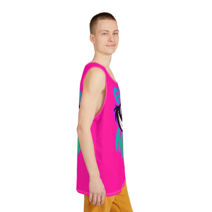 Flat lay of the Gone Mad Cheshire psychedelic men's tank top.