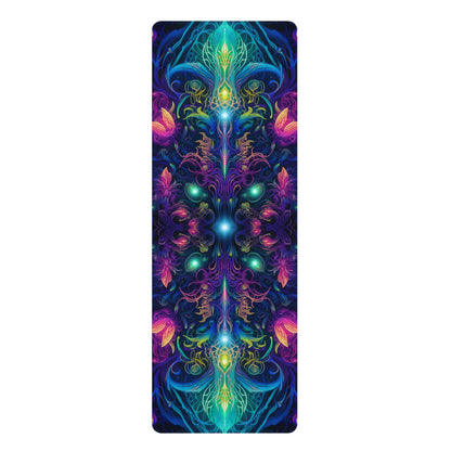 Flat lay of an Orchidious yoga mat showing the black background and orchid print.
