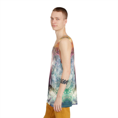 Celestial Vibrations men's tank top folded flat, showing the full cosmic wave design.