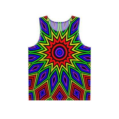 The Step Right Up men's tank top laid flat, showing the full psychedelic print design.