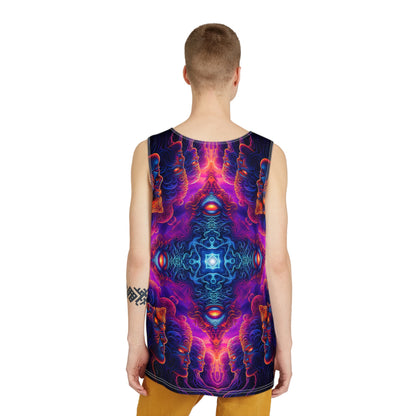Corner detail of The Watchers Square print on a men's tank top.