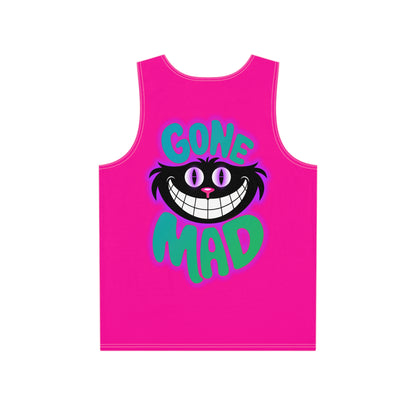 Back view of the Gone Mad Cheshire print men's tank top showing the full design.