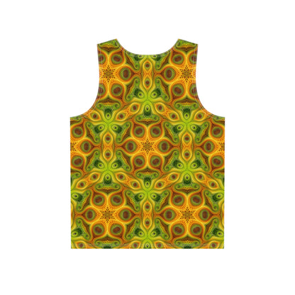 Close-up view of the print detail on the Sun Lattice men's tank top.