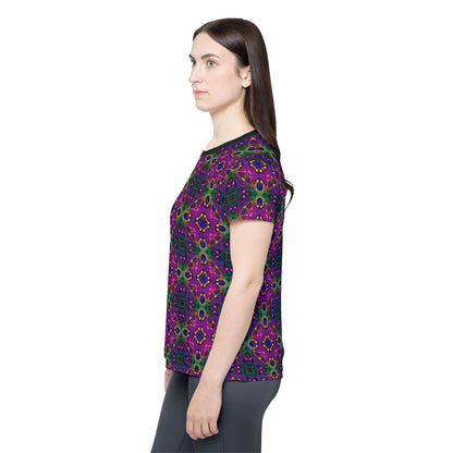 Angled view of the "Kiss Me Pattern" sport tee, showing the print from the side.