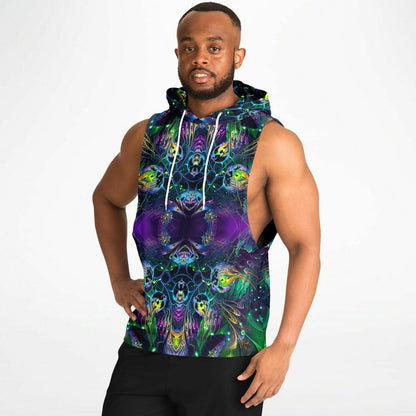 A model wears the Awakened sleeveless hoodie, side profile view.