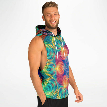 Model wearing the “Free Your Mind - Fibonacci” sleeveless hoodie from the side, drop armhole cut.