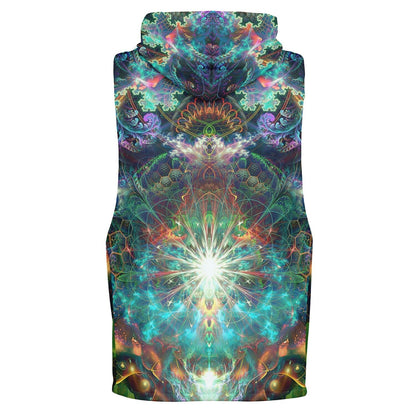 Ghost mannequin back view of the “To Tree or Not to Tree” sleeveless hoodie, showing the all-over print.