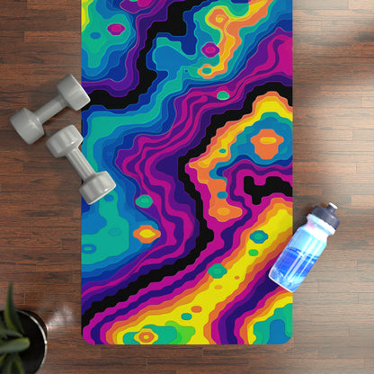 Close-up of the Digiheat yoga mat's microfiber suede top texture and print detail.