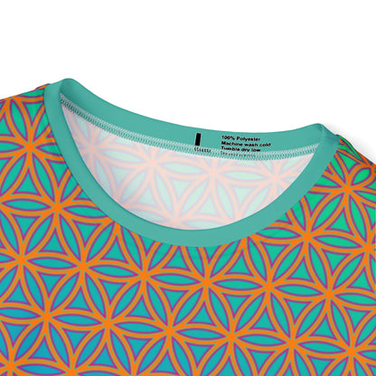 Men's sport tee in the Flower de Life sacred geometry all-over print design, angled view.