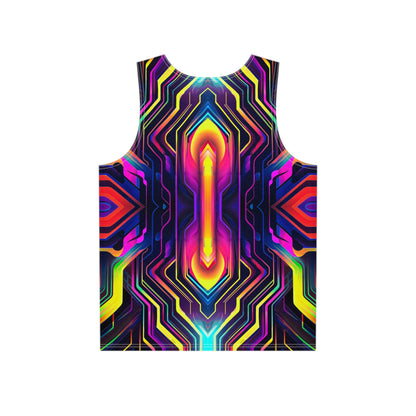 Close-up view of the print detail on the Sword In The Stoned V2 men's tank top.