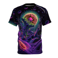 Flat lay of the Space Anemone premium tee showing the full all-over print pattern.