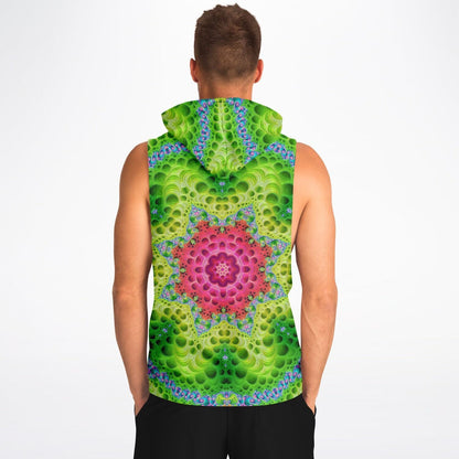 Model wearing the “Starburst” sleeveless hoodie, back view, showing the all-over print across the back.