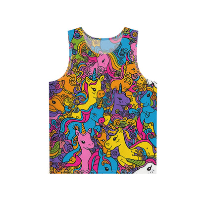 Front view of the 'Because Unicorns' men's tank top laid flat, showing the full all-over print design.