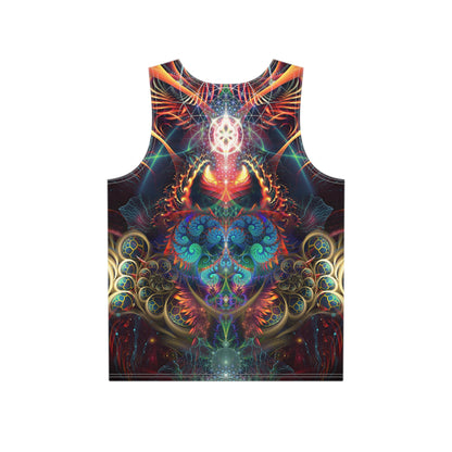 Close-up view of the print detail on the Stimulous men's tank top.