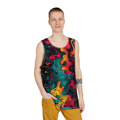 Angled view of the Neon Oil men's tank top.