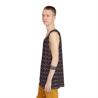 Model wearing the 90's Lightning Pattern men's tank top outdoors.