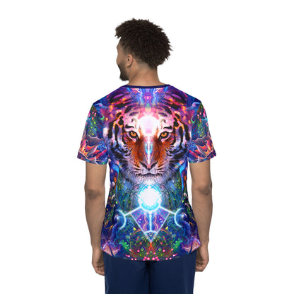 Overhead view of the "Hunter's Moon" print men's sport tee laid flat.