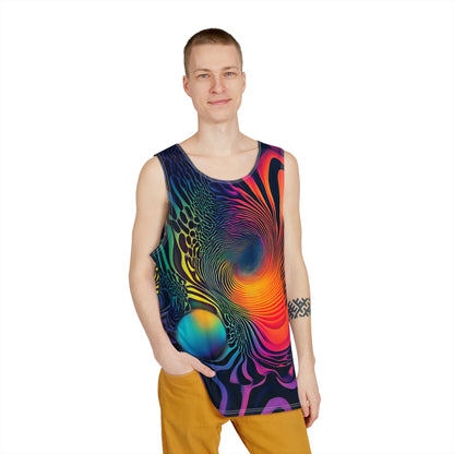 Close-up of the Cosmic Fingerprint print detail on the tank top.