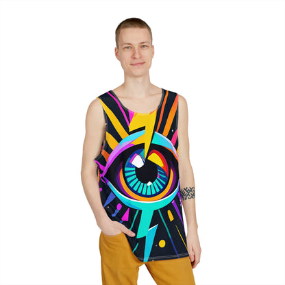 Angled view of the All Seeing Lightningz men's tank top.