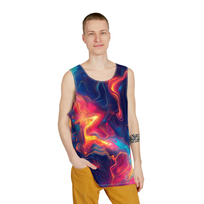 Angled view of the Oil Valley men's tank top.