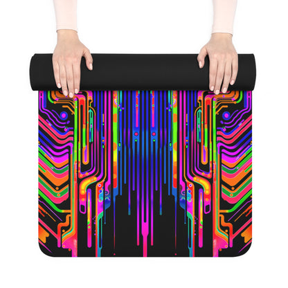 Person rolling up the Borg Rave yoga mat by hand, with the neon print visible on the unrolled section.