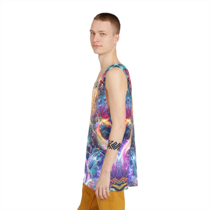 Model wearing the Medicina men's tank top outdoors.
