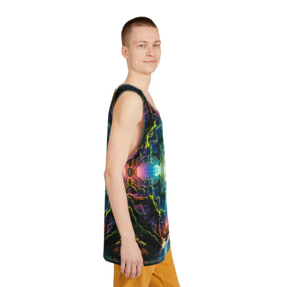 Corner detail shot of the Remnant Portal print along the men's tank top hem.