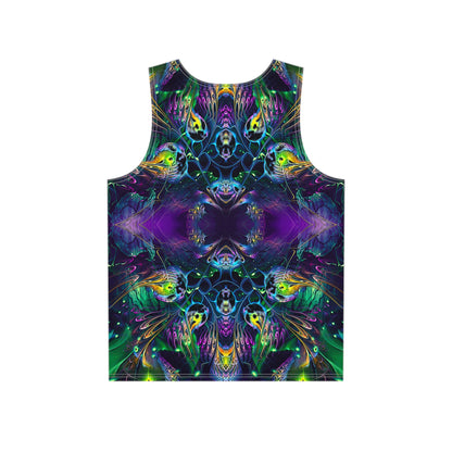 Back view of the 'Awakened' men's tank top laid flat, showing the print continuing across the fabric.