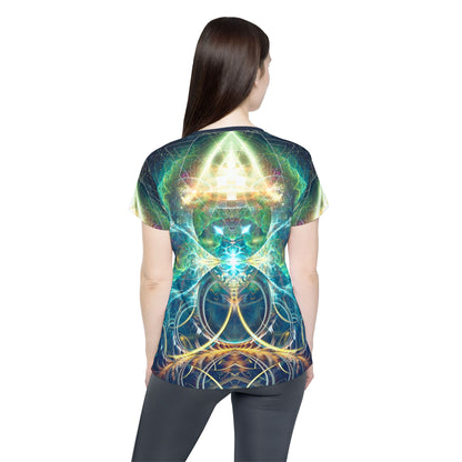 Close-up of the Blossom all-over print on the women's sport tee fabric