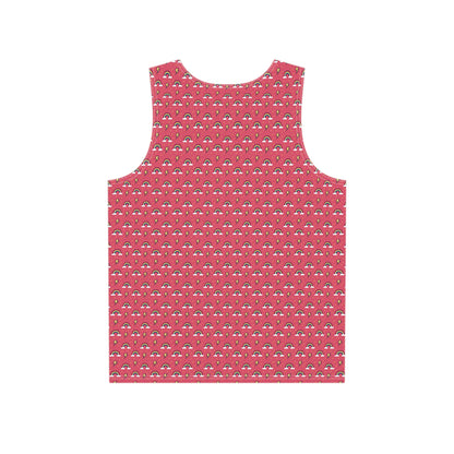 Close-up of the Rainbows and Lightning Pink print detail on the men's tank top fabric.