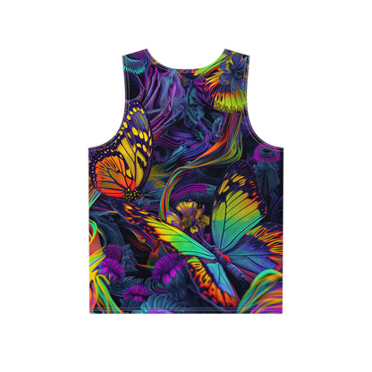 Close-up of the Psychedelic Butterfly print detail on the men's tank top fabric.