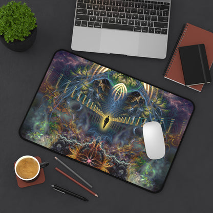 Close-up of the glowing bridge and portal artwork on the "Heightened Stroll" desk mat.