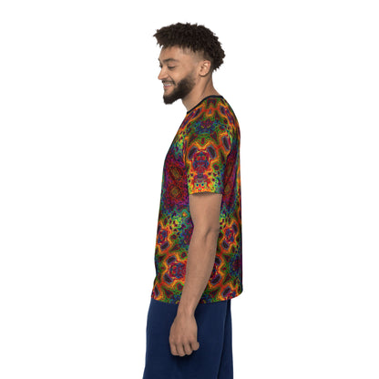 Lysergic Burst men's sport tee shown fully spread to display the design.