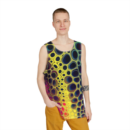 Close-up of the Mitosis artwork detail on a men's tank top.