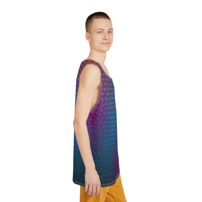 Corner detail shot of the Rainbow Flower of Life print along the tank top hem.