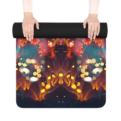 The symmetrical pink and gold Reaching For Light artwork printed on a rubber yoga mat.