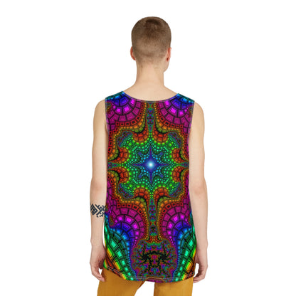 Angled view of the Kambo men's tank top showing the fabric and print.