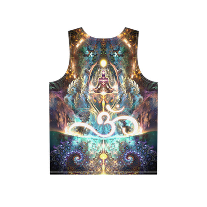 Close-up of the Density 432 print detail on a men's all-over print tank top.