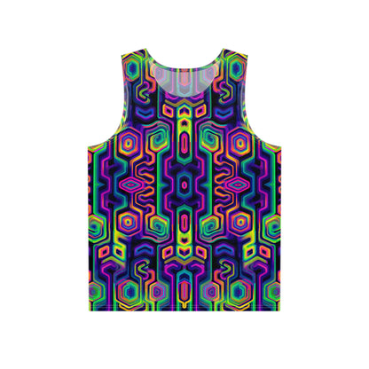 Front flat lay of the 'Tripnotist Flip' men's tank top showing the psychedelic all-over print.