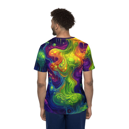 Overhead view of the "I Love Lava Lamp" print men's sport tee laid flat.