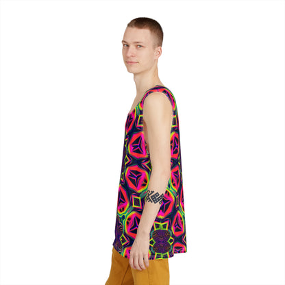Corner view of the Psychedelic Tracers Mandala tank top highlighting the print.